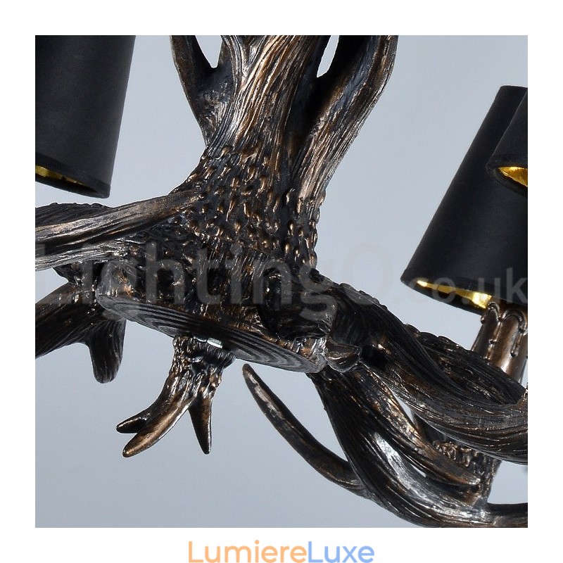Lustre vintage rustique artistique rétro à 6 lumières en bois de cerf noir