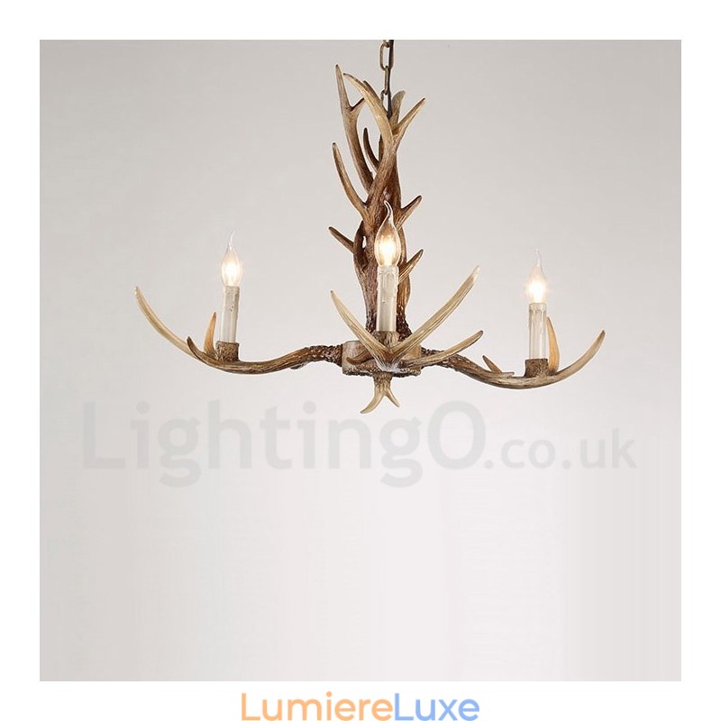 Lustre à bougie vintage rustique à 3 lumières en bois de cerf rétro artistique