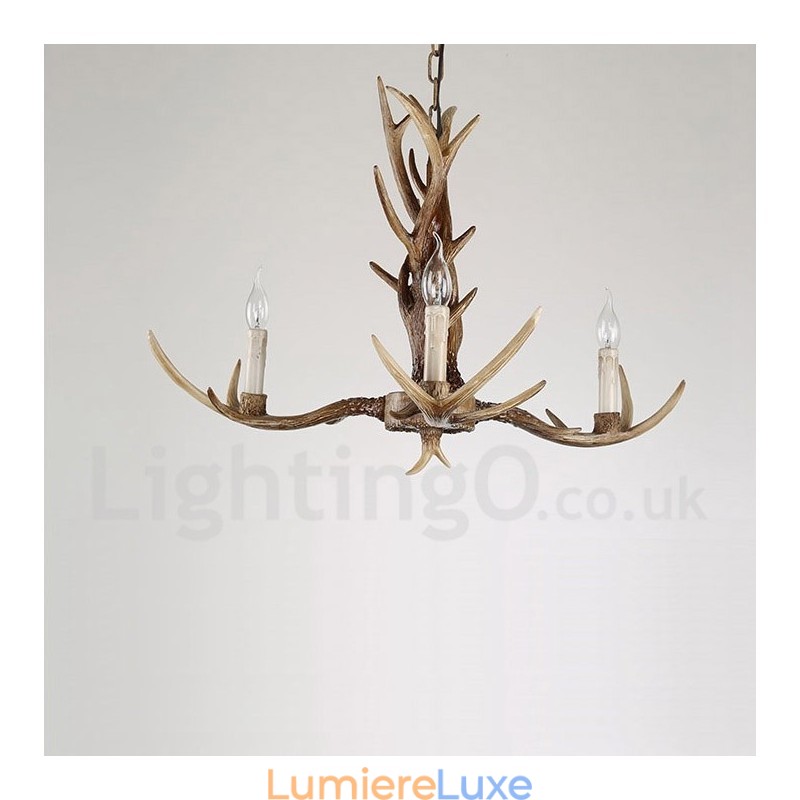 Lustre à bougie vintage rustique à 3 lumières en bois de cerf rétro artistique