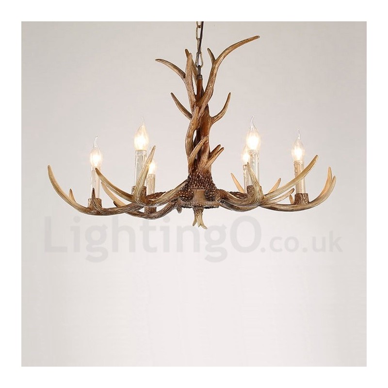 Lustre à bougie vintage rustique artistique rétro à 6 lumières en bois de cerf