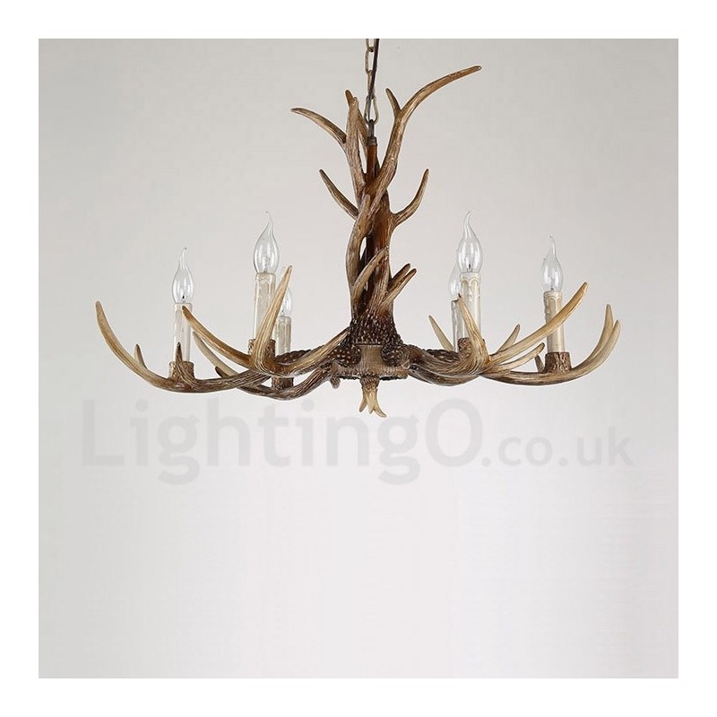 Lustre à bougie vintage rustique artistique rétro à 6 lumières en bois de cerf