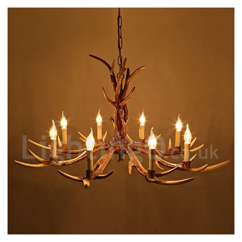 Lustre à bougie vintage rustique artistique rétro à 8 lumières en bois de cerf