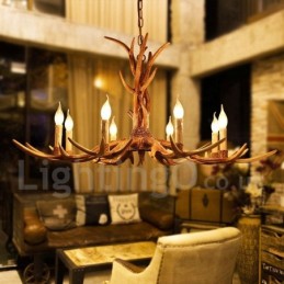 Lustre à bougie vintage rustique artistique rétro à 8 lumières en bois de cerf