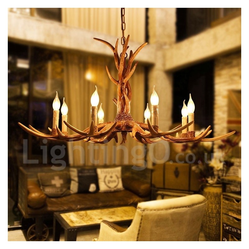 Lustre à bougie vintage rustique artistique rétro à 8 lumières en bois de cerf