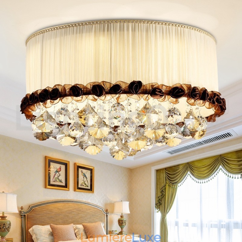 Plafonnier rond en cristal contemporain et moderne de 50 cm avec abat-jour en tissu