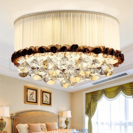 Plafonnier rond en cristal contemporain et moderne de 50 cm avec abat-jour en tissu Plafonnier rond en cristal contemporain et moderne de 50 cm avec abat-jour en tissu