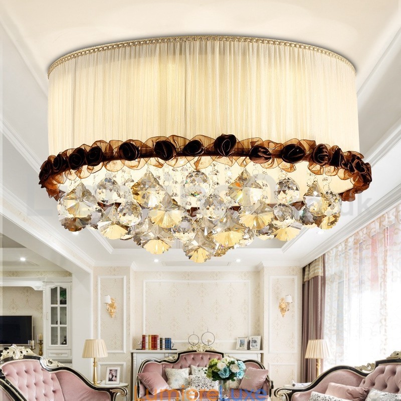 Plafonnier rond en cristal contemporain et moderne de 50 cm avec abat-jour en tissu