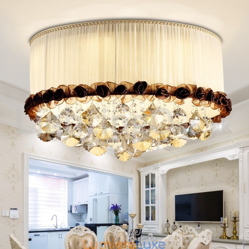 Plafonnier rond en cristal contemporain et moderne de 50 cm avec abat-jour en tissu
