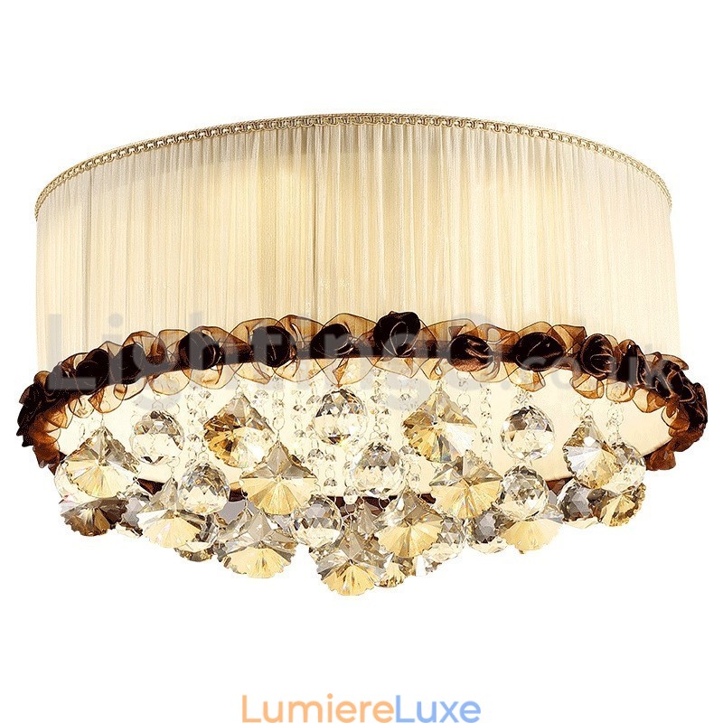 Plafonnier rond en cristal contemporain et moderne de 50 cm avec abat-jour en tissu