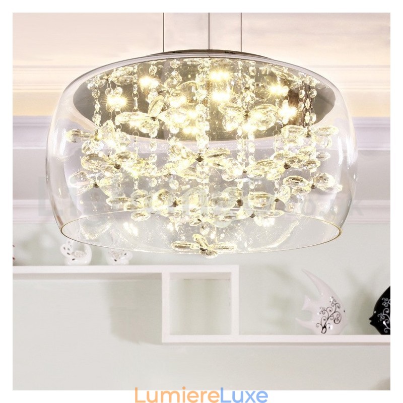 Suspension moderne en cristal avec abat-jour rond en verre transparent de 40 cm et 50 cm