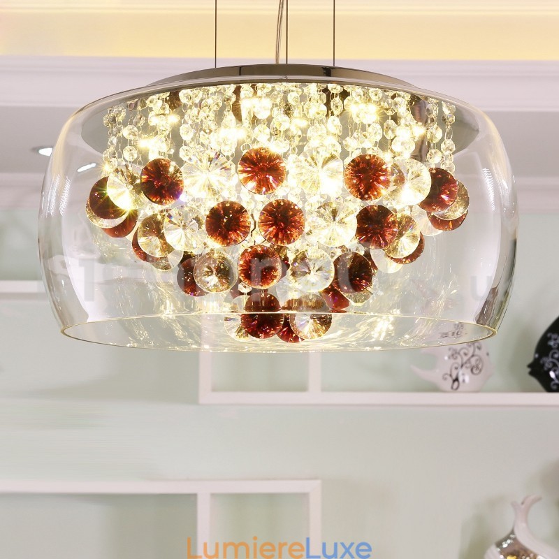 Suspension moderne en cristal avec abat-jour rond en verre transparent de 40 cm et 50 cm