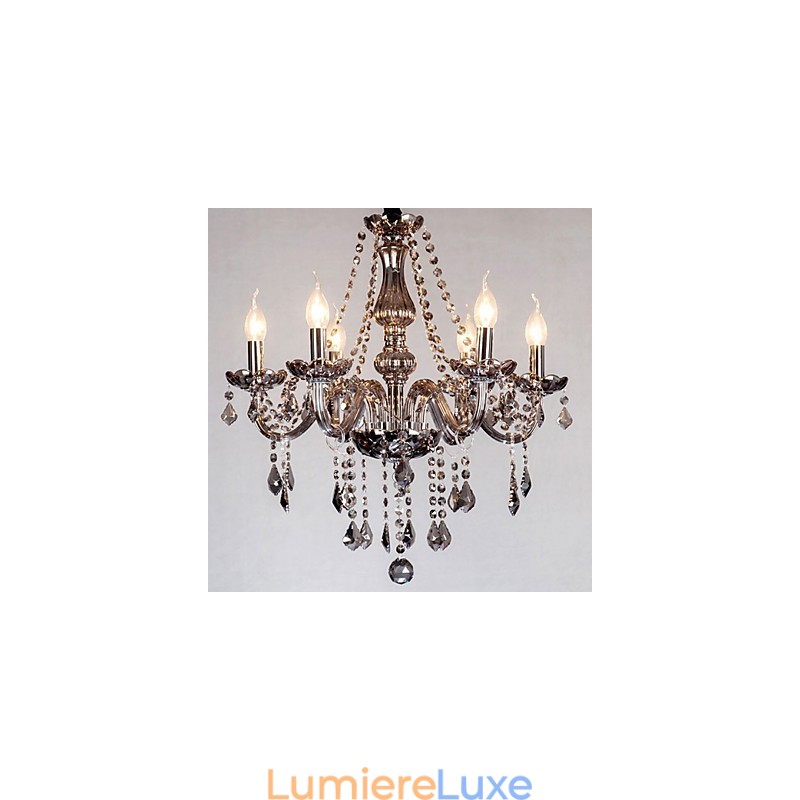 Lustre européen à 6 lumières en cristal et verre gris