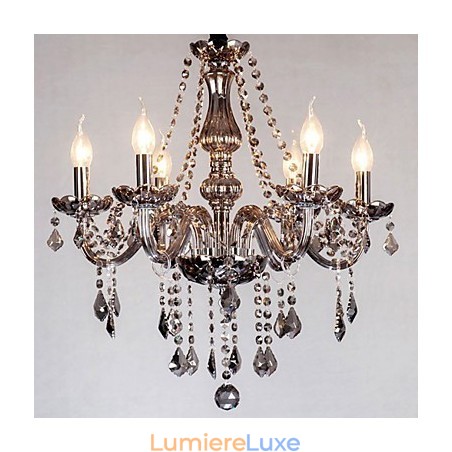 Lustre européen à 6 lumières en cristal et verre gris Lustre européen à 6 lumières en cristal et verre gris