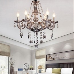 Lustre européen à 6 lumières en cristal et verre gris
