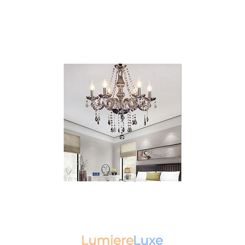 Lustre européen à 6 lumières en cristal et verre gris