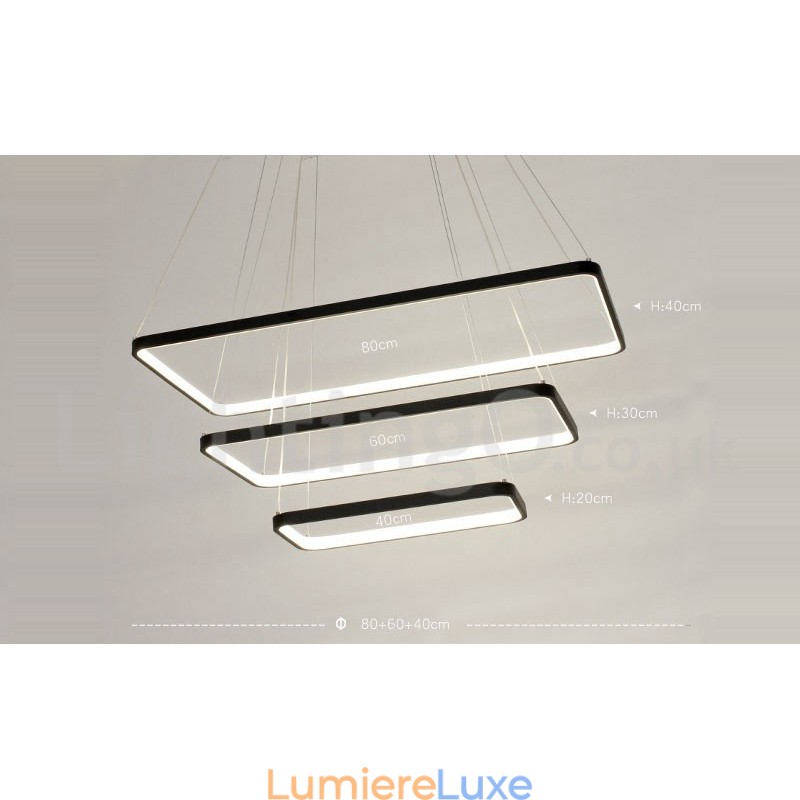 Suspension à intensité variable avec télécommande, design moderne, trois rectangles