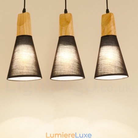 Suspension moderne en bois à 1 ou 3 lumières avec abat-jour en tissu Suspension moderne en bois à 1 ou 3 lumières avec abat-jour en tissu