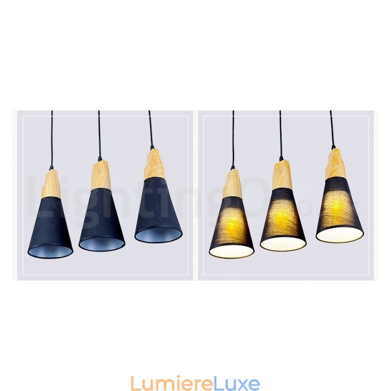 Suspension moderne en bois à 1 ou 3 lumières avec abat-jour en tissu