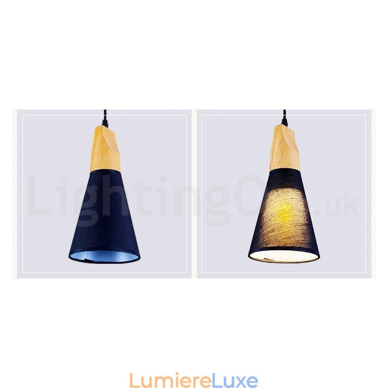 Suspension moderne en bois à 1 ou 3 lumières avec abat-jour en tissu