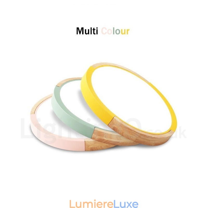 Plafonnier rond ultra fin en bois multicolore avec abat-jour en acrylique et bois massif, style nordique