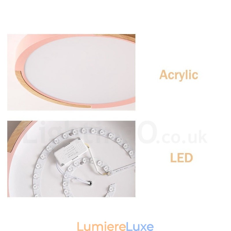 Plafonnier rond ultra fin en bois multicolore avec abat-jour en acrylique et bois massif, style nordique