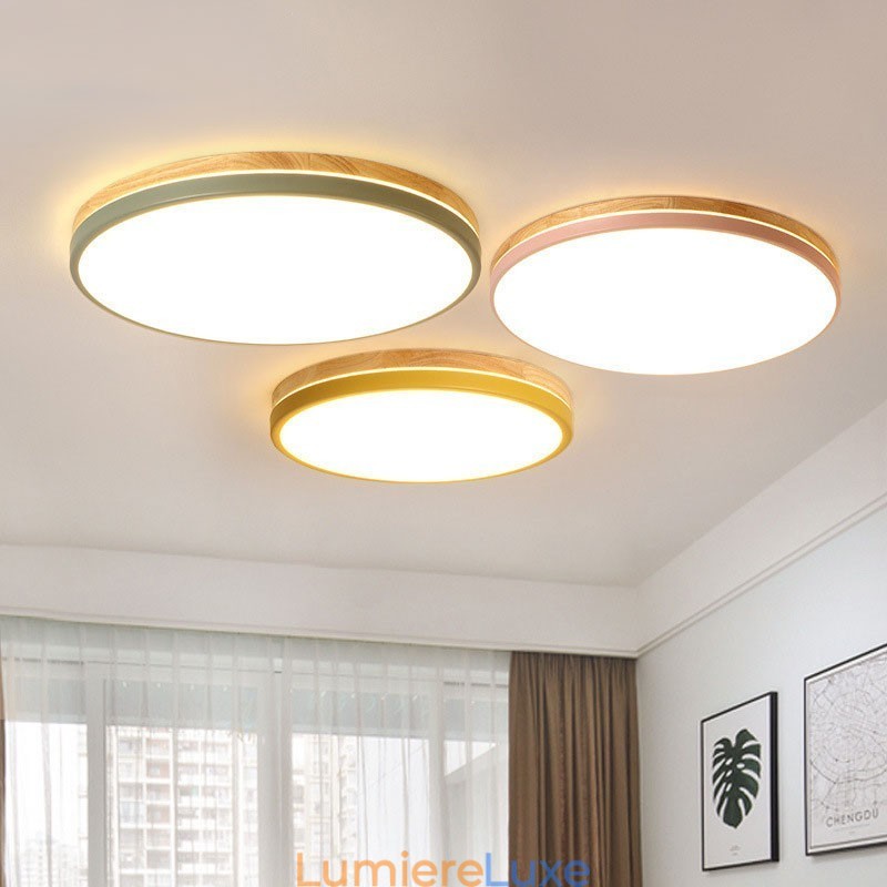 Plafonnier rond en bois multicolore ultra fin à intensité variable avec abat-jour en acrylique, style nordique