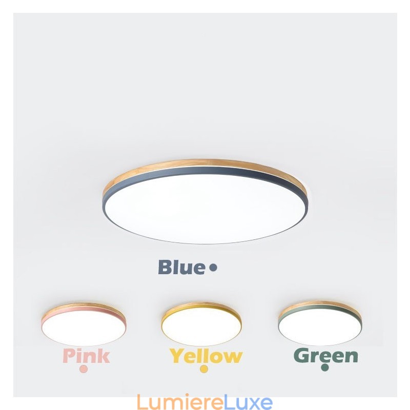 Plafonnier rond en bois multicolore ultra fin à intensité variable avec abat-jour en acrylique, style nordique