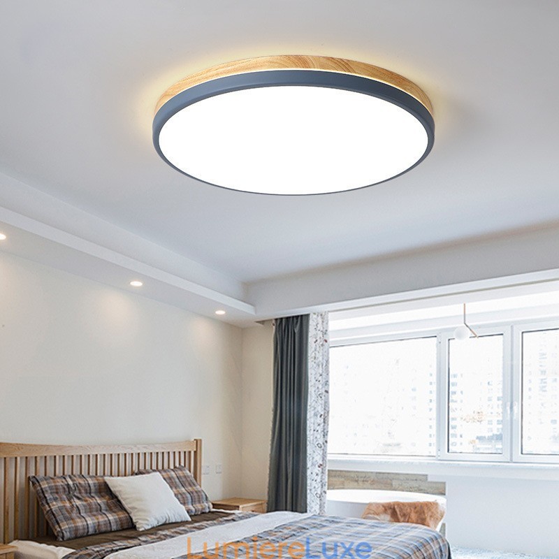 Plafonnier rond en bois multicolore ultra fin à intensité variable avec abat-jour en acrylique, style nordique
