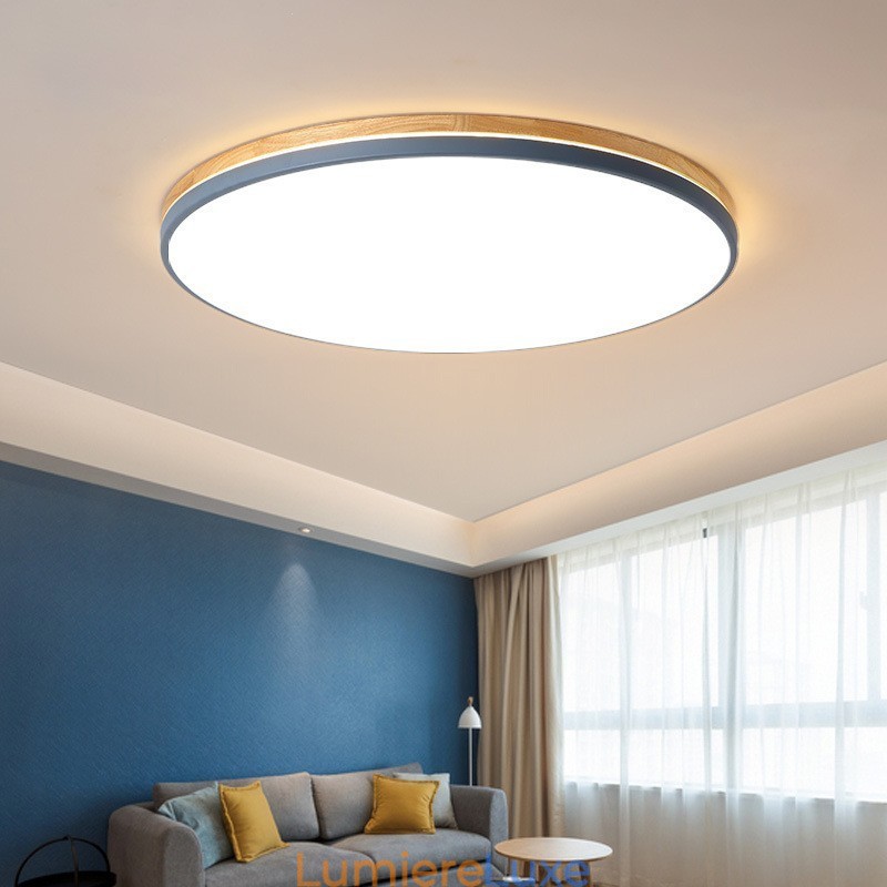 Plafonnier rond en bois multicolore ultra fin à intensité variable avec abat-jour en acrylique, style nordique