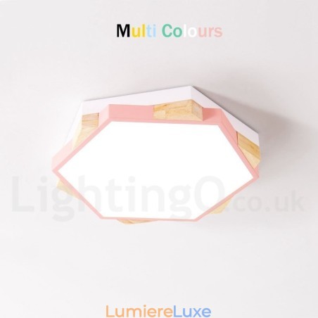 Plafonnier hexagonal en bois multicolore à intensité variable avec abat-jour en acrylique, style nordique Plafonnier hexagonal en bois multicolore à intensité variable avec abat-jour en acrylique, style nordique
