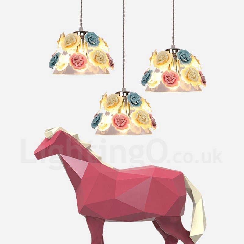 Suspension de plafond multicolore en forme de macaron à fleurs avec abat-jour en verre