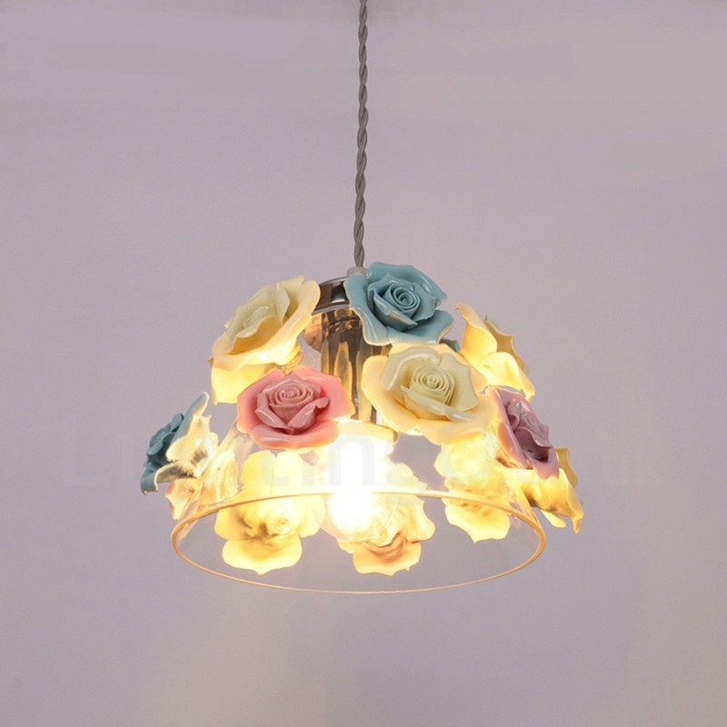 Suspension de plafond multicolore en forme de macaron à fleurs avec abat-jour en verre