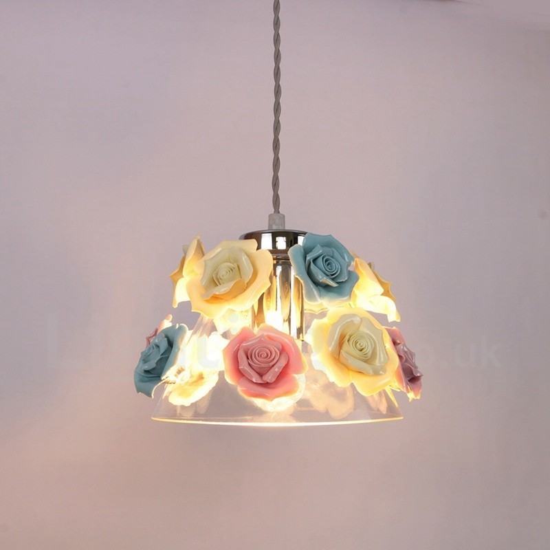 Suspension de plafond multicolore en forme de macaron à fleurs avec abat-jour en verre