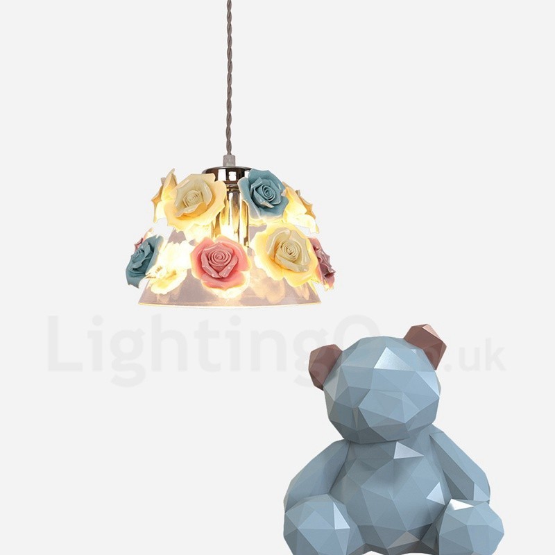 Suspension de plafond multicolore en forme de macaron à fleurs avec abat-jour en verre
