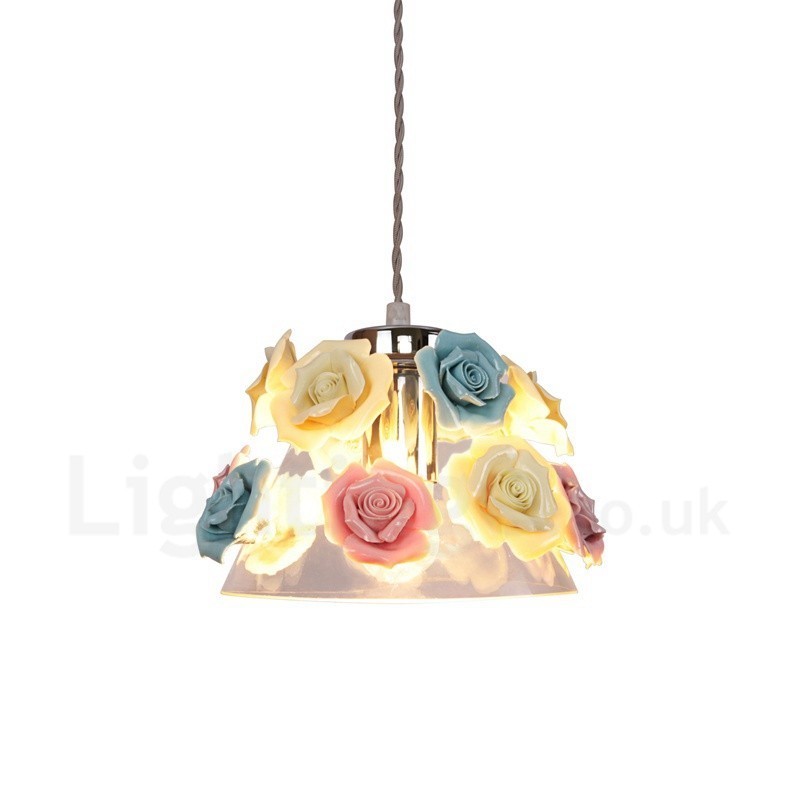 Suspension de plafond multicolore en forme de macaron à fleurs avec abat-jour en verre