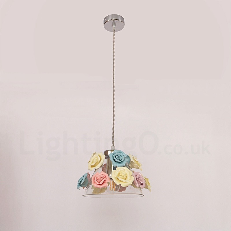 Suspension de plafond multicolore en forme de macaron à fleurs avec abat-jour en verre