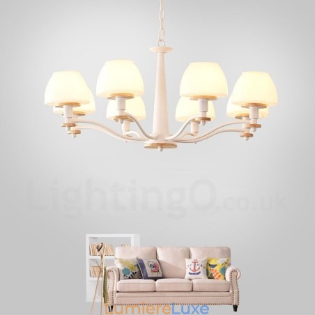 Suspension en bois macaron multicolore à 6 ou 8 lumières avec abat-jour en verre, style nordique Suspension en bois macaron multicolore à 6 ou 8 lumières avec abat-jour en verre, style nordique