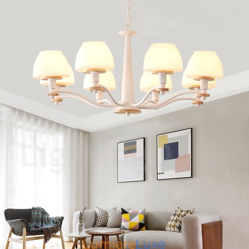 Suspension en bois macaron multicolore à 6 ou 8 lumières avec abat-jour en verre, style nordique