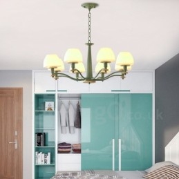 Suspension en bois macaron multicolore à 6 ou 8 lumières avec abat-jour en verre, style nordique