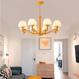 Suspension en bois macaron multicolore à 6 ou 8 lumières avec abat-jour en verre, style nordique