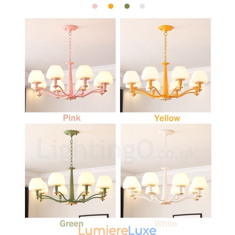 Suspension en bois macaron multicolore à 6 ou 8 lumières avec abat-jour en verre, style nordique