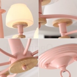 Suspension en bois macaron multicolore à 6 ou 8 lumières avec abat-jour en verre, style nordique