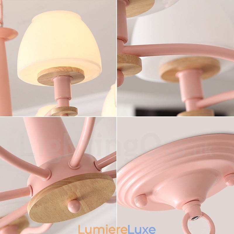 Suspension en bois macaron multicolore à 6 ou 8 lumières avec abat-jour en verre, style nordique