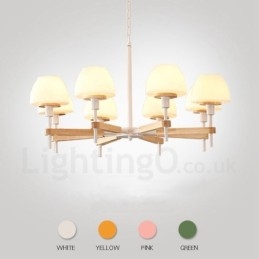 Suspension en bois macaron multicolore à 6 ou 8 lumières avec abat-jour en verre, style nordique