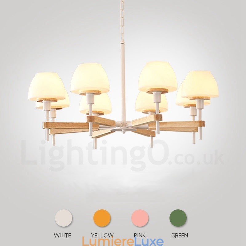 Suspension en bois macaron multicolore à 6 ou 8 lumières avec abat-jour en verre, style nordique