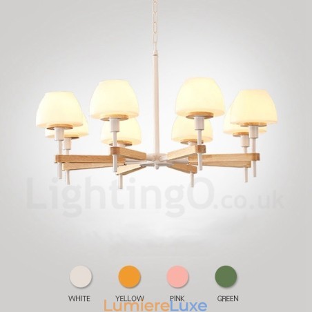 Suspension en bois macaron multicolore à 6 ou 8 lumières avec abat-jour en verre, style nordique Suspension en bois macaron multicolore à 6 ou 8 lumières avec abat-jour en verre, style nordique