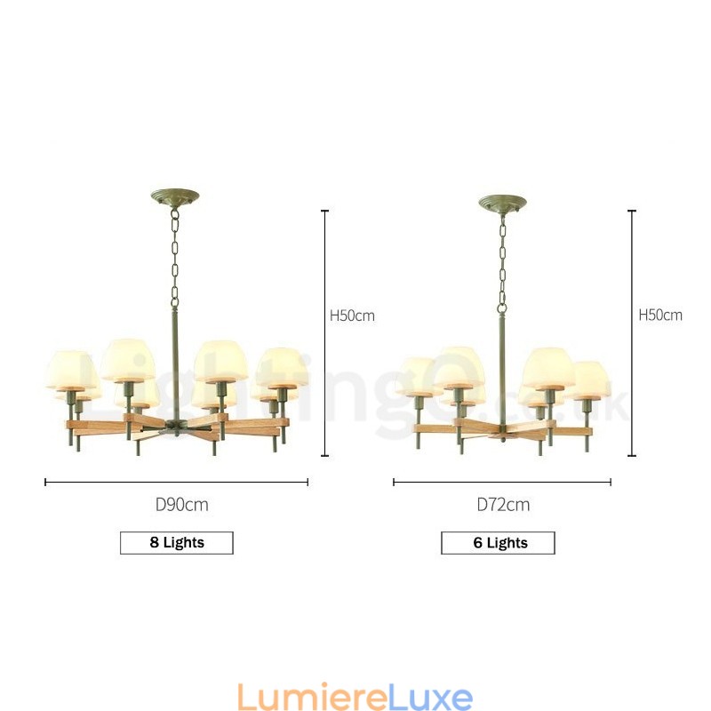 Suspension en bois macaron multicolore à 6 ou 8 lumières avec abat-jour en verre, style nordique