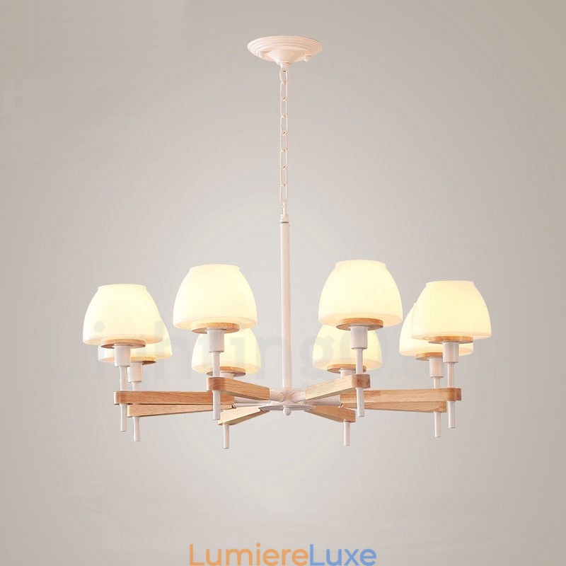 Suspension en bois macaron multicolore à 6 ou 8 lumières avec abat-jour en verre, style nordique