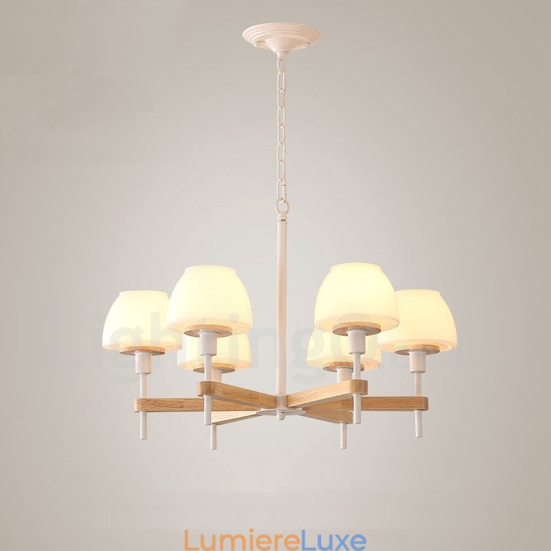Suspension en bois macaron multicolore à 6 ou 8 lumières avec abat-jour en verre, style nordique