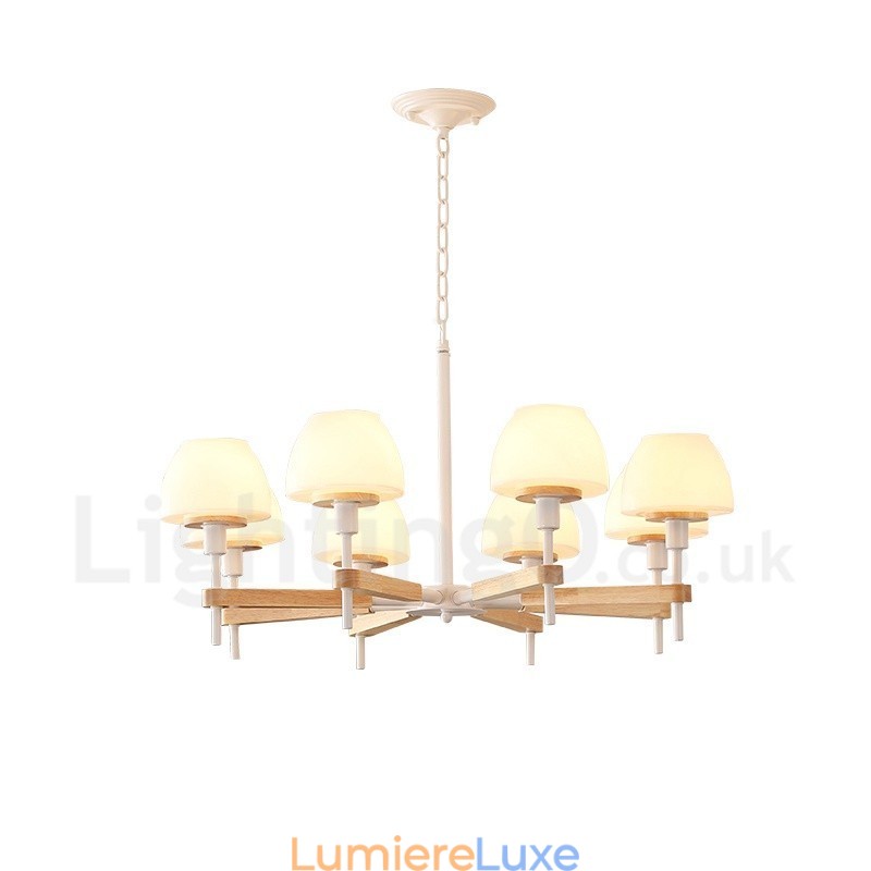 Suspension en bois macaron multicolore à 6 ou 8 lumières avec abat-jour en verre, style nordique